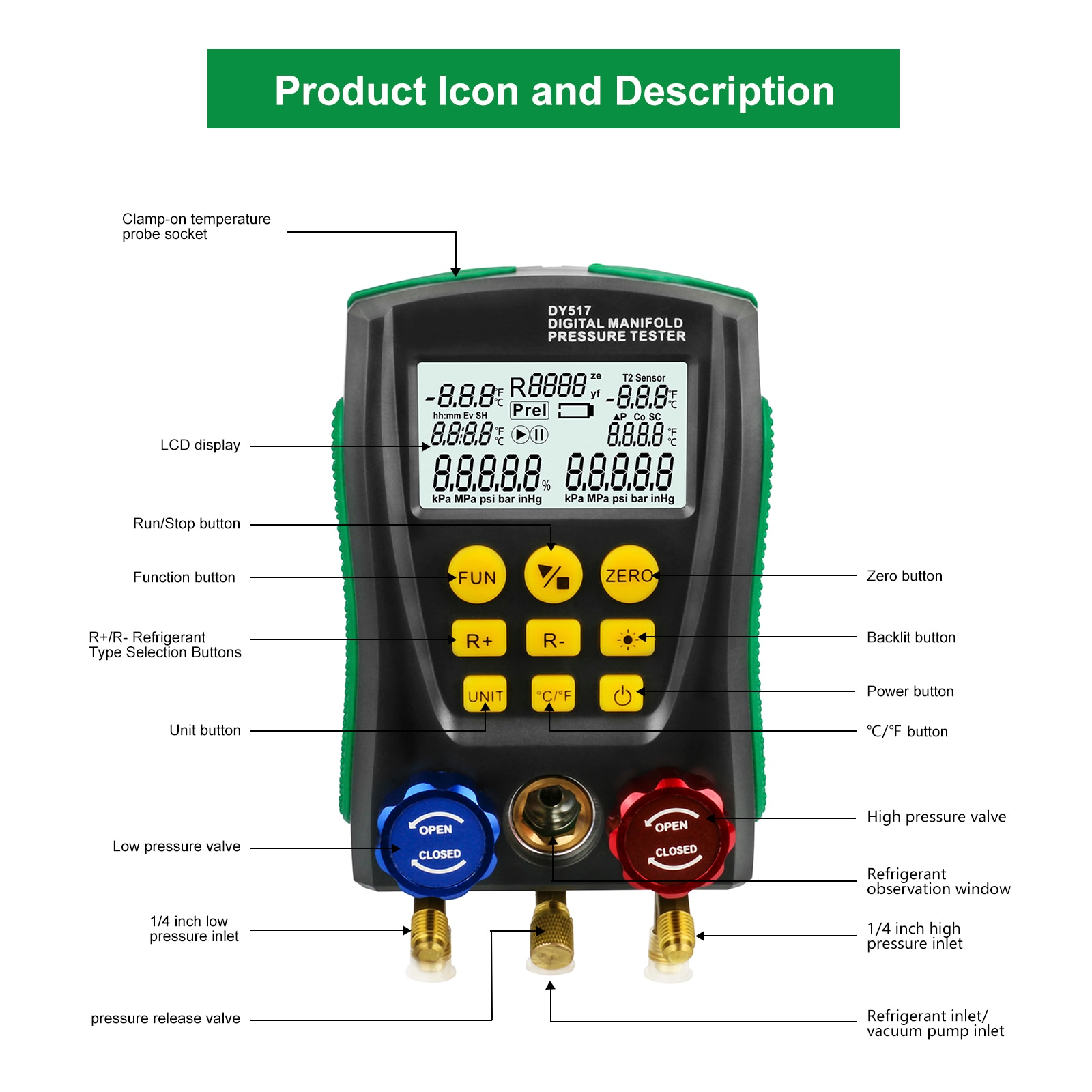 DUOYI DY517A Digital Manifold Meter Air Conditioning Vacuum Gauge for Refrigeration HVAC Vacuum Pressure Temperature Tester Set