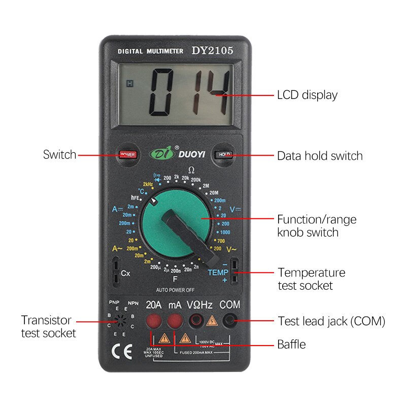 DUOYI DY2105 Professional Digital Multimeter True RMS 20A Current AC DC Voltmeter Capacitance Resistance Tester