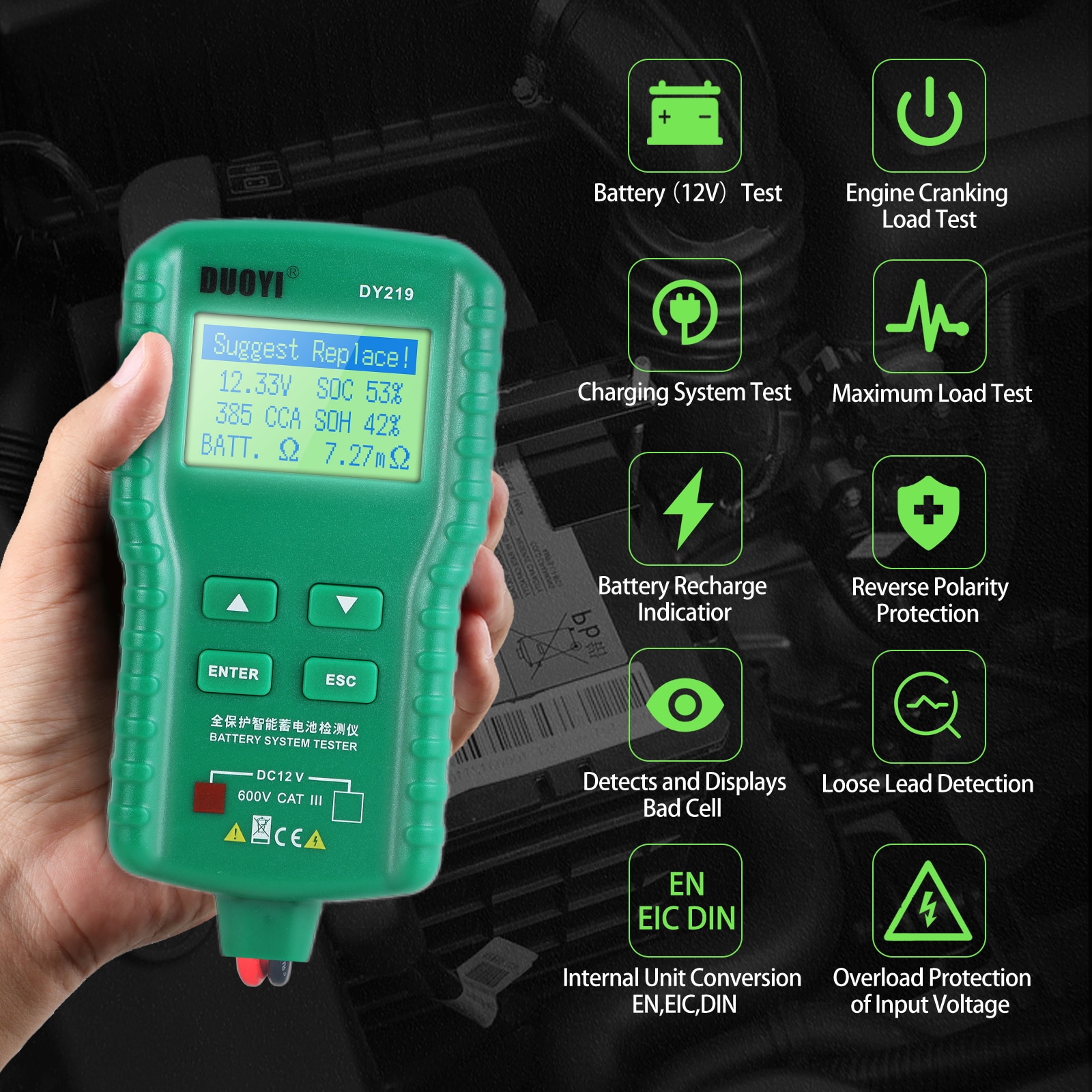 DY219 DY219A 12V 24V Digital Battery Tester Automotive AH 100-1000CCA Voltage Battery Analyzer Load Multifunction Diagnostic Tools