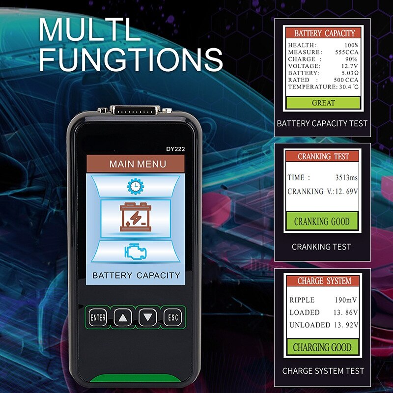 DUOYI DY222 Car Battery Tester 12V 24V Digital Automotive Diagnostic Battery Tester Analyzer 2000CCA Cranking Charging Test Tool