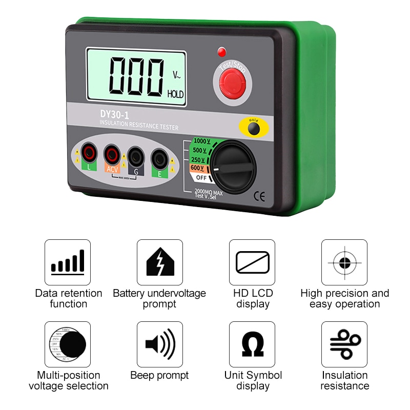 DY30-1 Digital Insulation Earth Resistance Tester Meter 0-2000M 0hm Megohmmeter Voltmeter Car Circuit Test Megger Meter