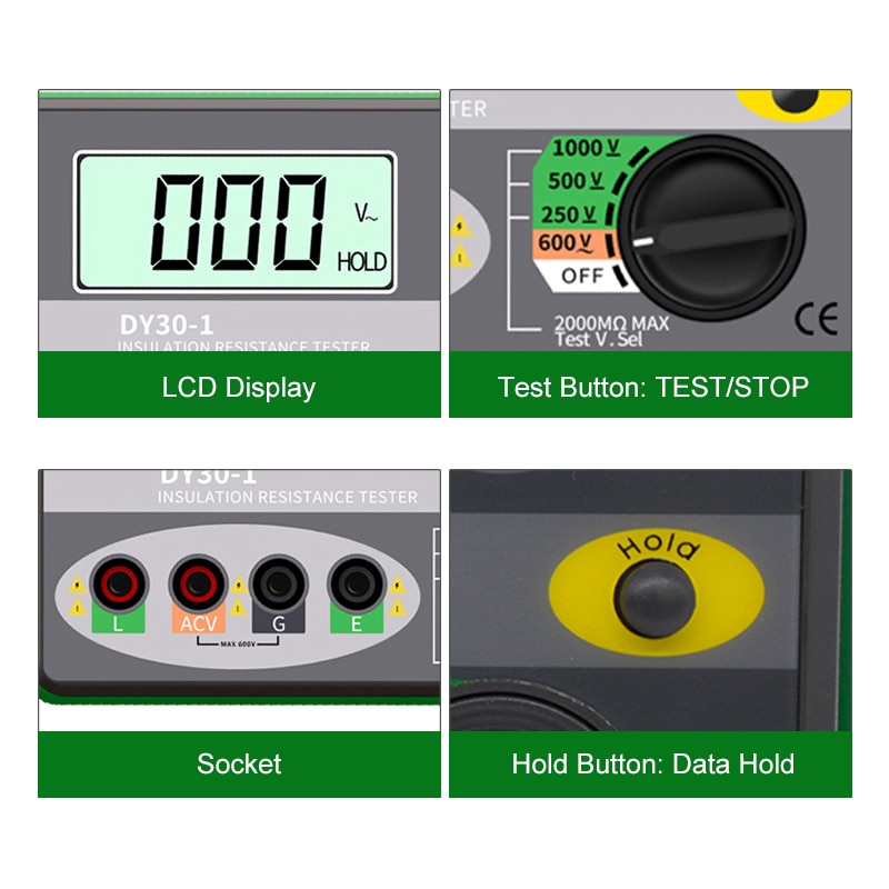 DY30-1 Digital Insulation Earth Resistance Tester Meter 0-2000M 0hm Megohmmeter Voltmeter Car Circuit Test Megger Meter