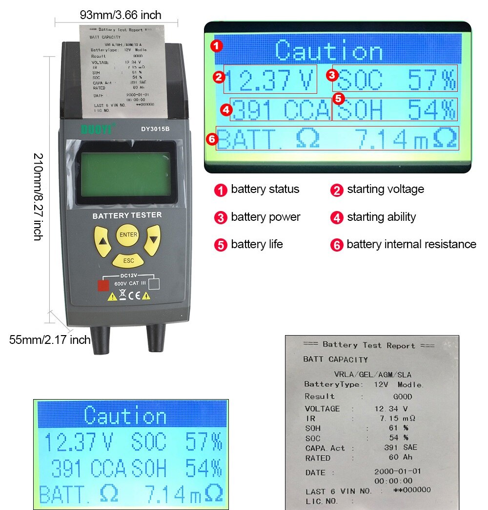 DUOYI DY3015B 12V 24V  Car Battery Tester Auto Cranking Charging Tester CCA Lead-acid Multifunction Digital Analyzer Diagnostic