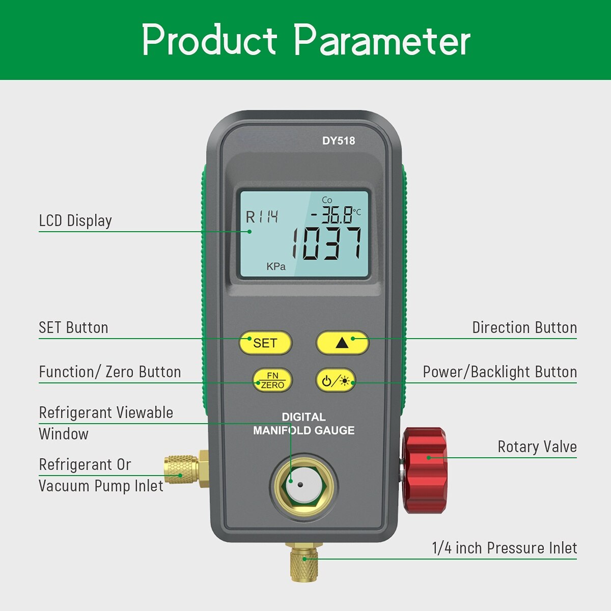 DY518 Refrigeration Pressure Gauge Digital Manifold Meter Vacuum HVAC Meter Pressure Freon Manometer Temperature Tester