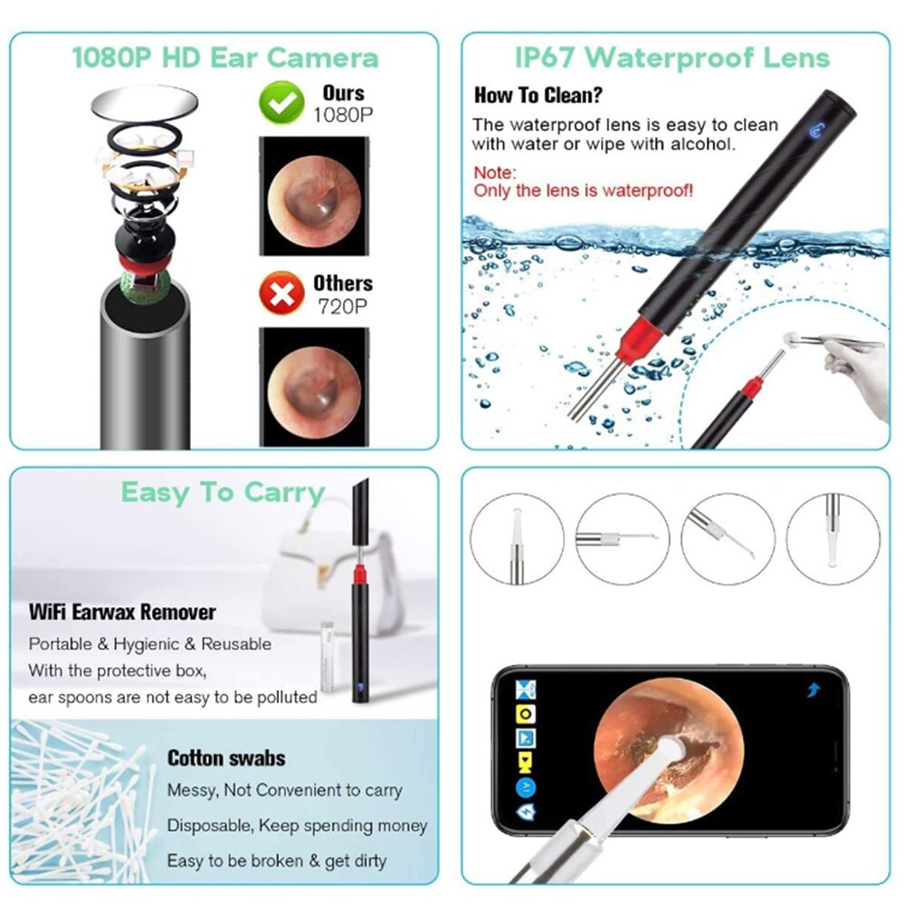 Wireless Ear Wax Removal Tool 1080P FHD WiFi Wireless Otoscope Ear Cleaning Endoscope Ear Wax Remover Camera Endoscopes Hot Sale