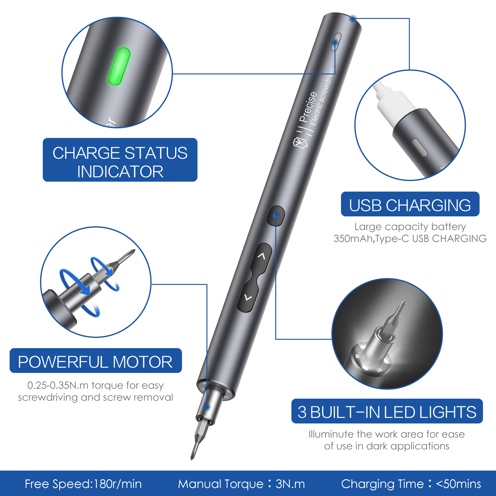 Precision Electric Screwdriver 24 Pcs S2 Alloy Steel Bit Screwdrivers Type-C Fast Charging Screwdriver Set Repair Power Tools