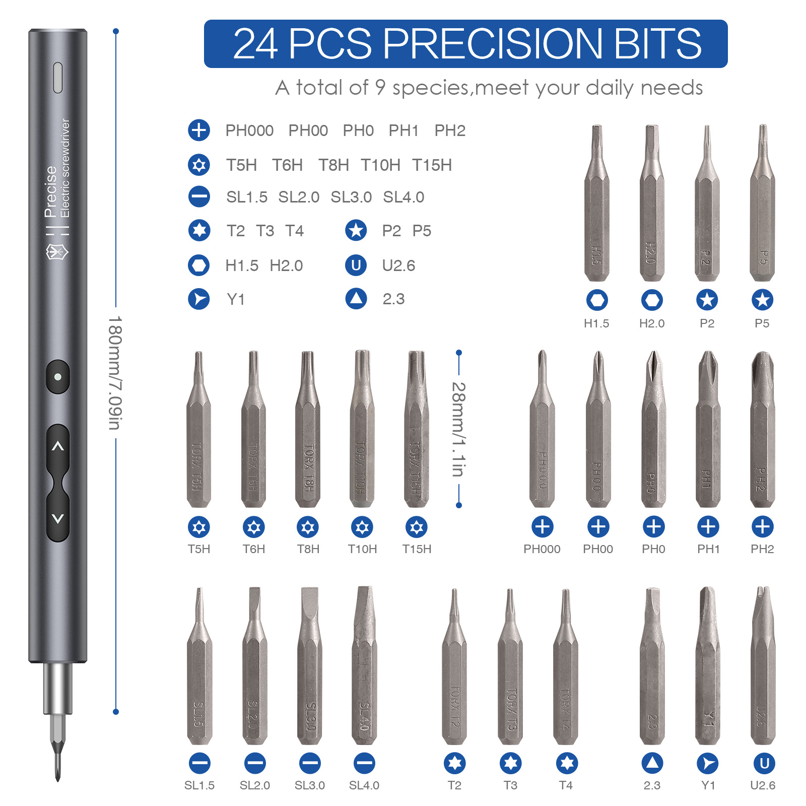 Precision Electric Screwdriver 24 Pcs S2 Alloy Steel Bit Screwdrivers Type-C Fast Charging Screwdriver Set Repair Power Tools