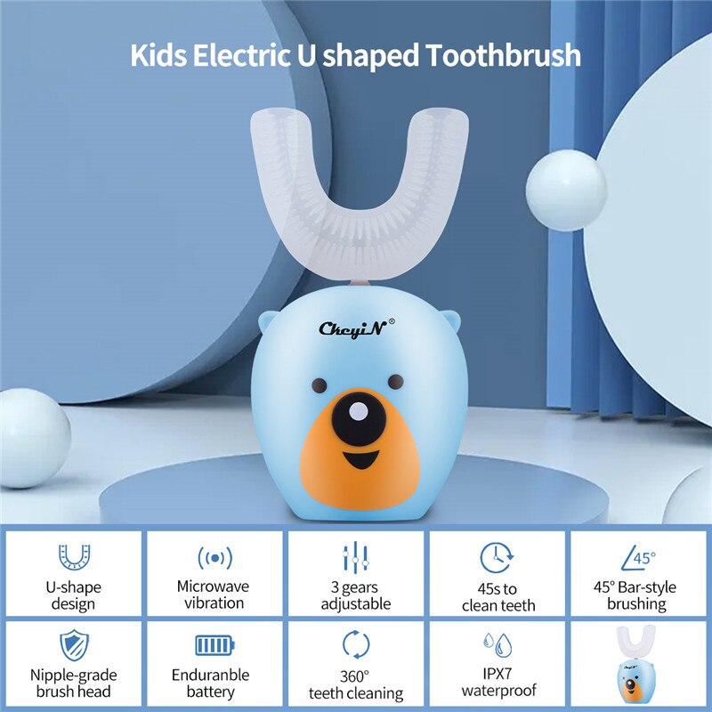 Ultrasonic Vibration Electric Toothbrush Kids U Shaped Sonic Automatic Silicon Waterproof Cartoon Children Baby Oral Care