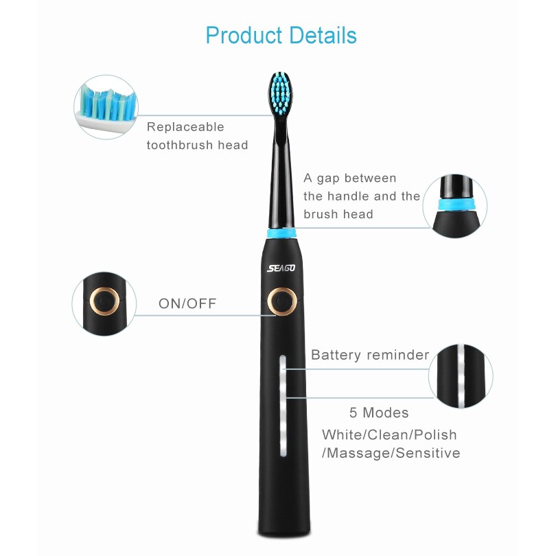 Electric Toothbrush Rechargeable Whitening Toothbrush Waterproof 5 Cleaning Modes Sonic Toothbrush for Adult  Fast Charge