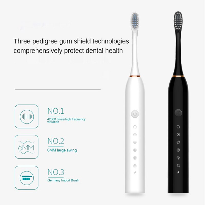 Electric Toothbrush Sonic Brush Head Adult Timer Brush 6 Mode USB Charger Rechargeable Tooth Brushes Replacement Heads Set