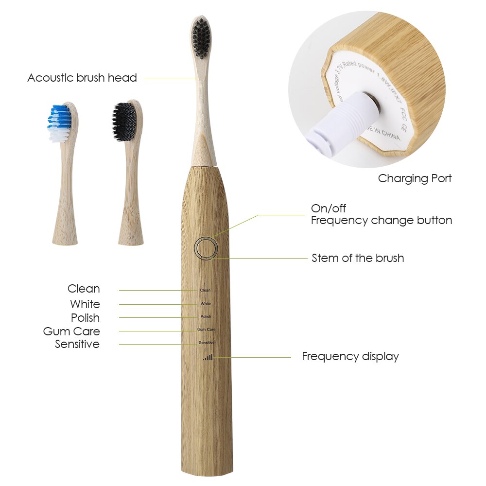 Electric Tooth Brush Electrical Sonic Toothbrush Oral Dental Care Teeth Cleaning Soft Bamboo Toothbrush 5 Adjustable Modes Usb