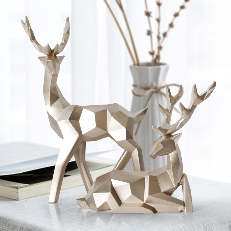 Elk Figurines Resin Sculpture Home Decor Nordic Geometric Long Horn Deer Statue Abstract Reindeer Tabletop Animal Ornaments Gift