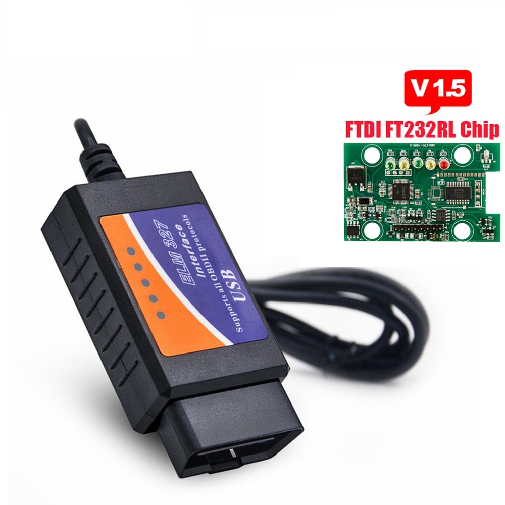 ELM327 USB OBD2 FTDI FT232RL Chip OBD II Scanner Automotive for PC EML 327 V1.5 ODB2 Interface Diagnostic Tool ELM 327 USB V 1.5