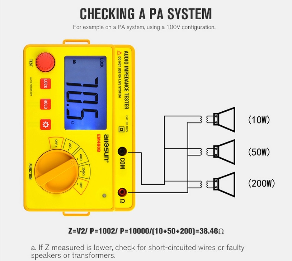 EM480B Audio Impedance Tester Portable CATIII Test Ranges 20/200/2000 Resistance Meter 1KHz Timer Function Data Hold