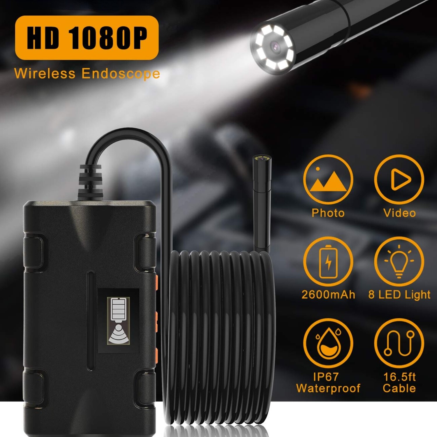 HD 1080P Waterproof Smart WIFI Endoscope 8mm Inspection Snake Camera Borescope Video Camera with 2600mAh Battery for IOS/Android