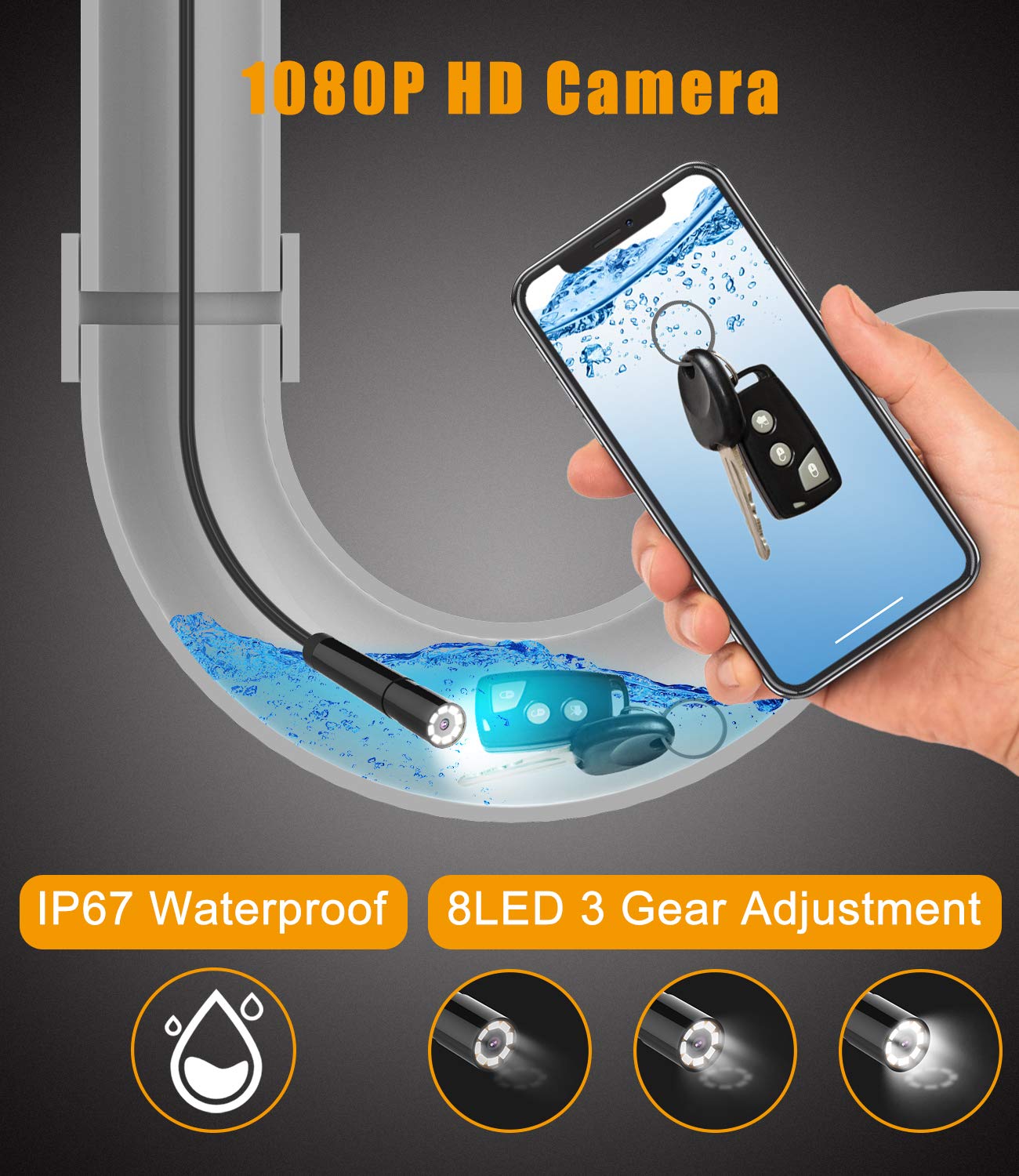 HD 1080P Waterproof Smart WIFI Endoscope 8mm Inspection Snake Camera Borescope Video Camera with 2600mAh Battery for IOS/Android