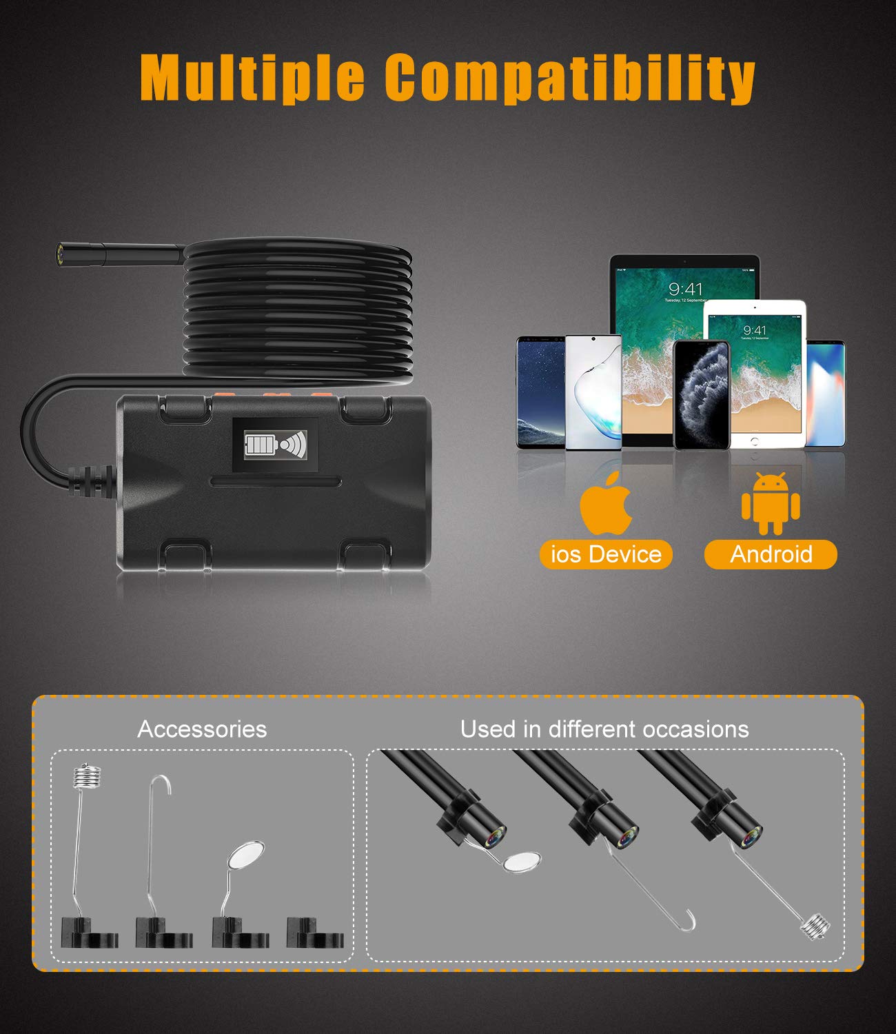 HD 1080P Waterproof Smart WIFI Endoscope 8mm Inspection Snake Camera Borescope Video Camera with 2600mAh Battery for IOS/Android