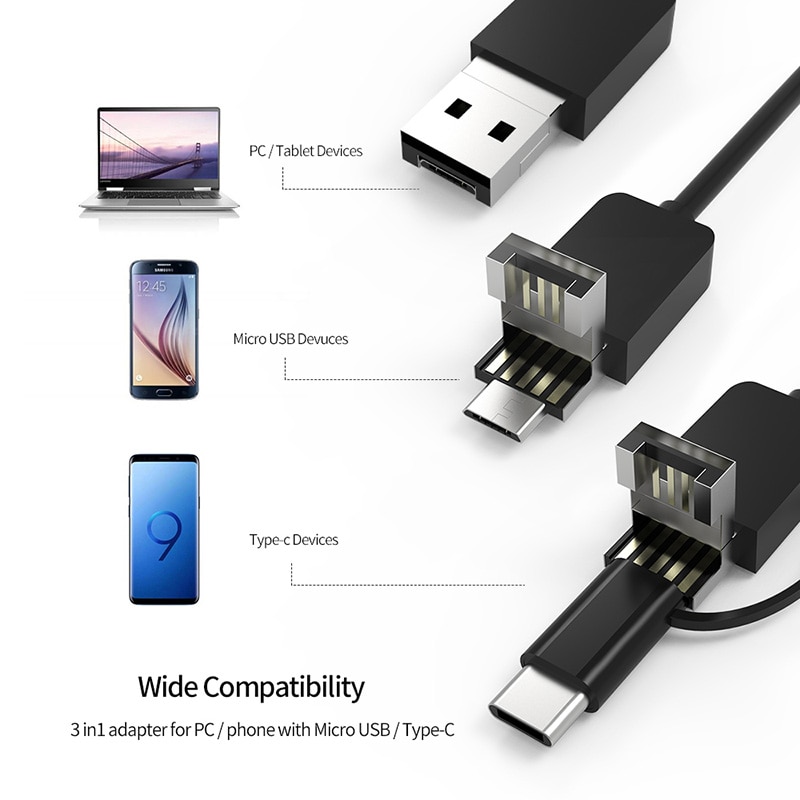 Dual Lens USB Inspection Camera 3 in 1 Micro USB Type-C Endoscope Camera OTG Phone Borescope with 8 LED for Android Phone PC