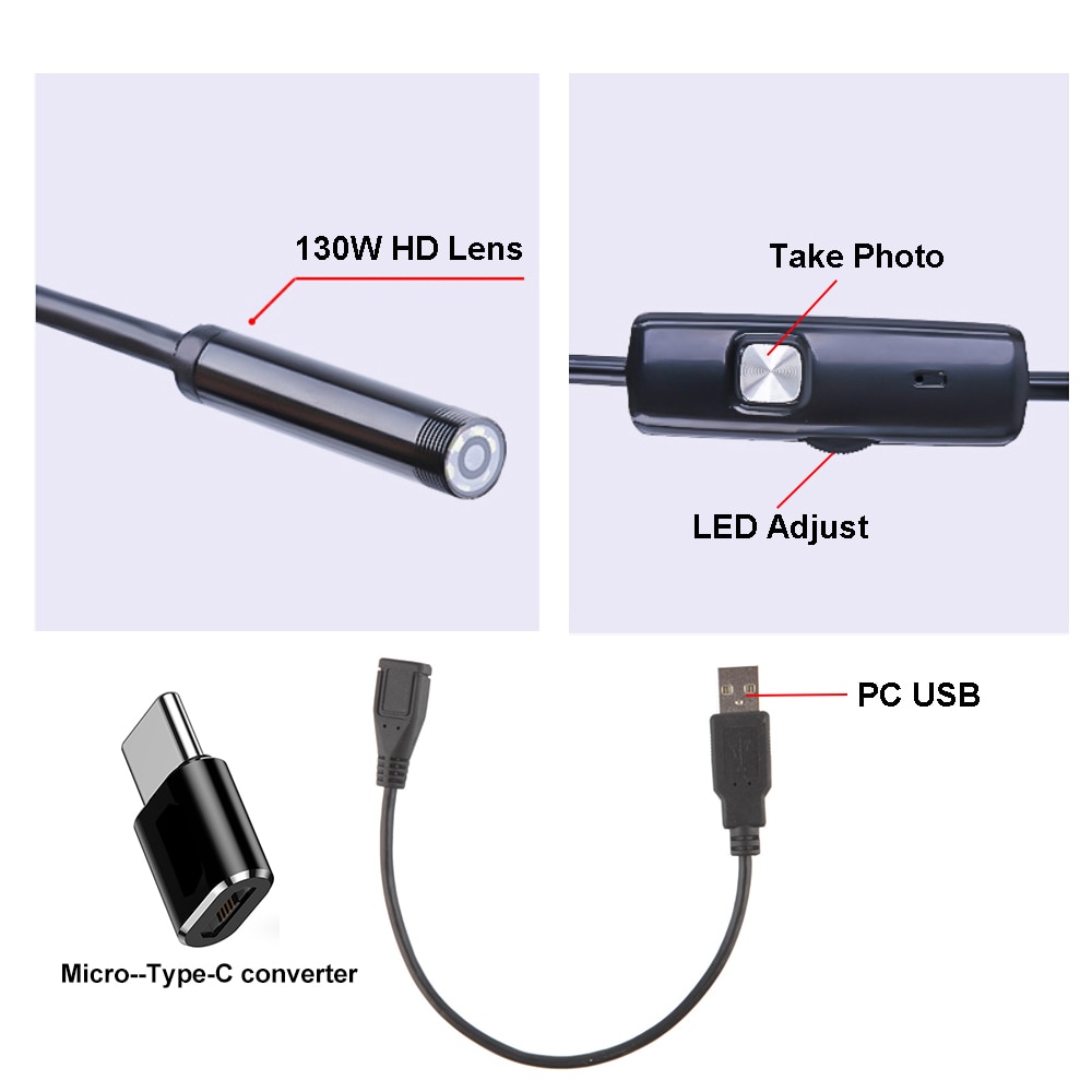 Mini Endoscope Camera Waterproof Endoscope Borescope Adjustable Soft Wire 6 LEDS 7mm Android Type-C USB Inspection Camea for Car