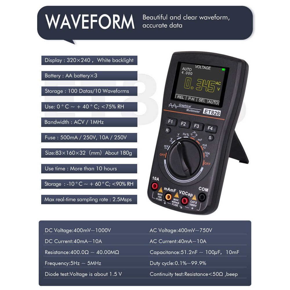 ET828 2 In 1 Intelligent Digital Oscilloscope Auto Range Graphical Multimeter 2.4