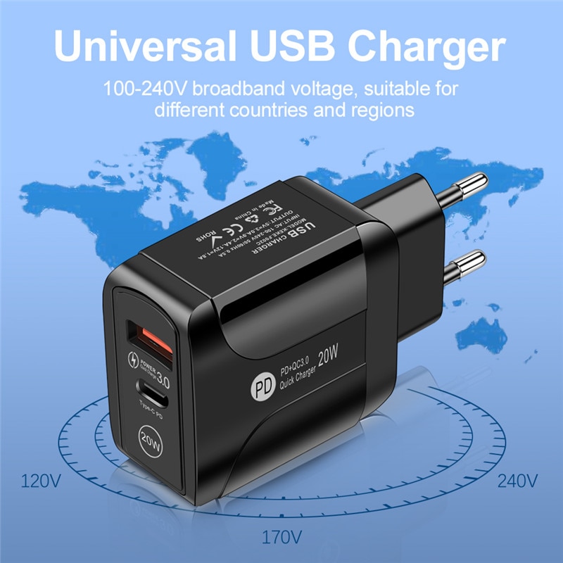 EU Plug 20W QC3.0 Fast Charger USB Charging PD USB Quick Charger Adapter For iPhone 12 Samsung Xiaomi Smart phone charger