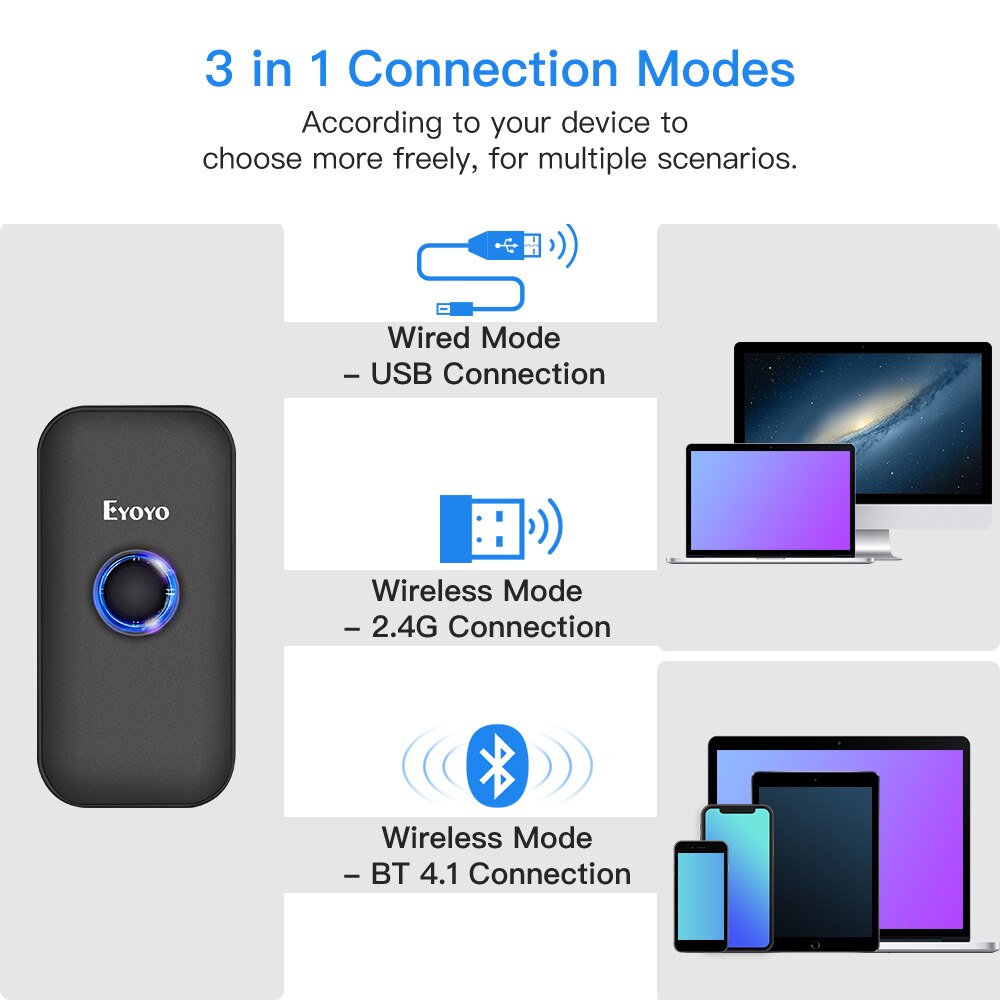 EY-009C Barcode Scanner CCD 2.4G Pocket BT Wired 3-in-1 Connection Modes Decoding Capability Mini Barcode Scanner Wireless