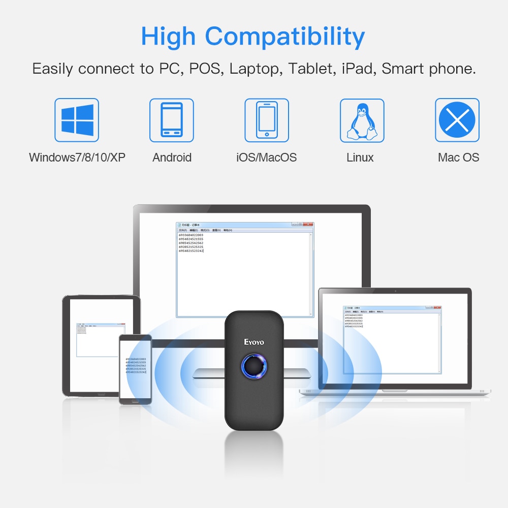 EY-009L 3-in-1 Bluetooth USB Wired&Wireless 1D Barcode Scanner Bar Code Reader for Windows Mac Android iOS Tablet Computer