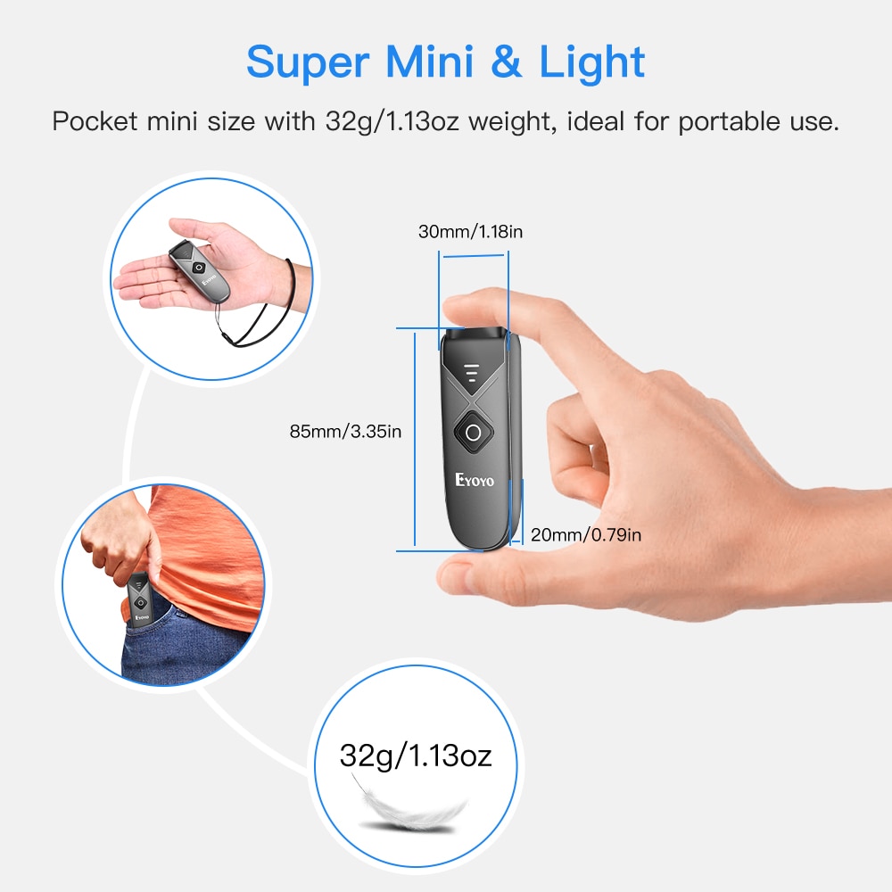 EY-015 Mini Barcode Scanner USB Wired/Bluetooth/ 2.4G Wireless 1D 2D QR PDF417 Bar code for iPad iPhone Android Tablets PC