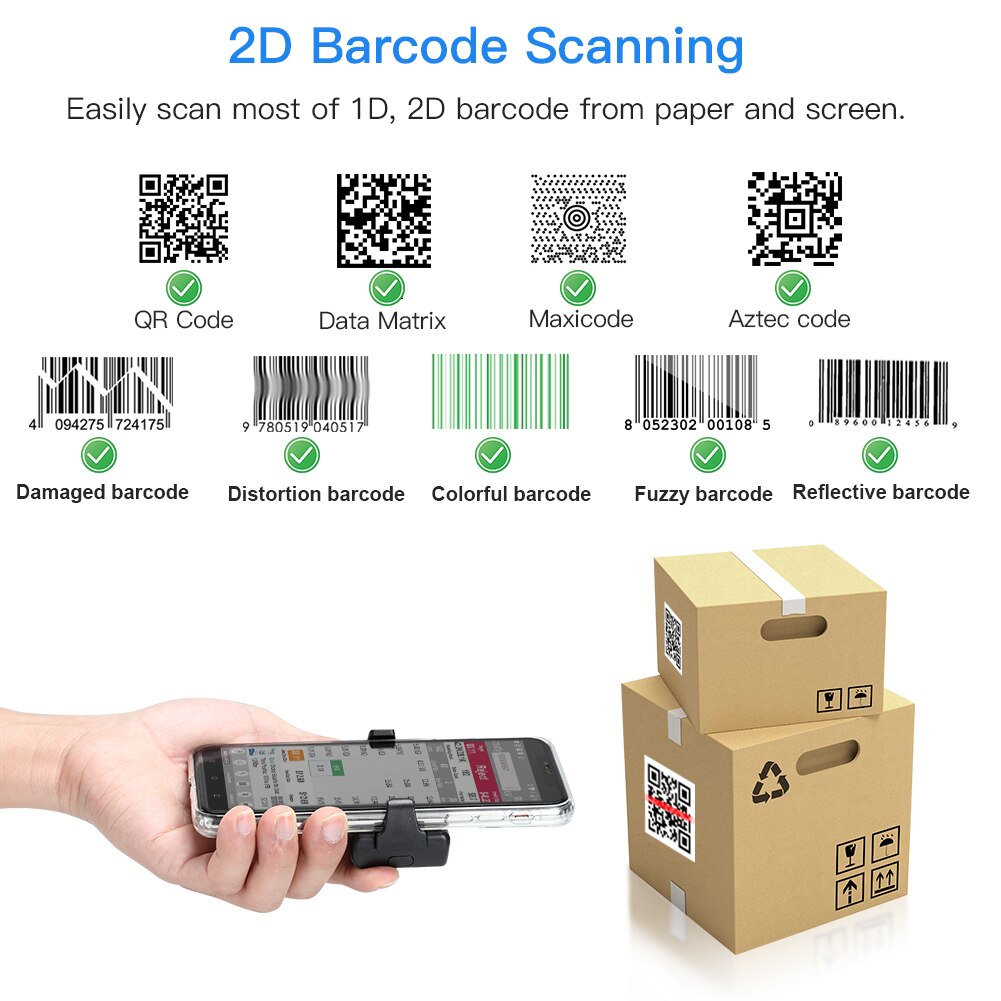 EY-022 2D Back Clip Bluetooth Barcode Scanner Phone Portable Barcode Reader Data Matrix 1D2D QR Scanner Android IOS System