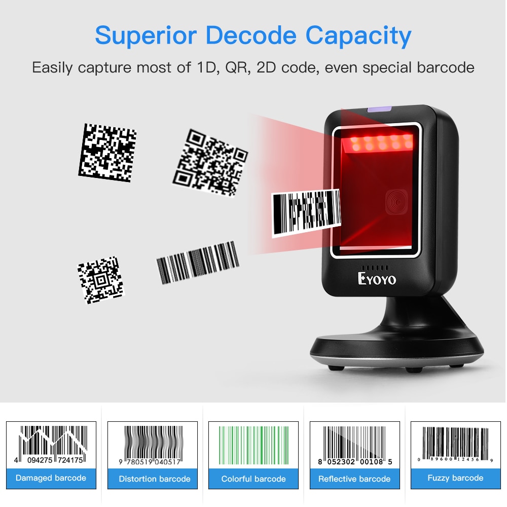 EY-6300 2D 1D Desktop Barcode Scanner Platform Scanner Automatic Sensing Scanning Hands-Free USB Wired Barcode Reader