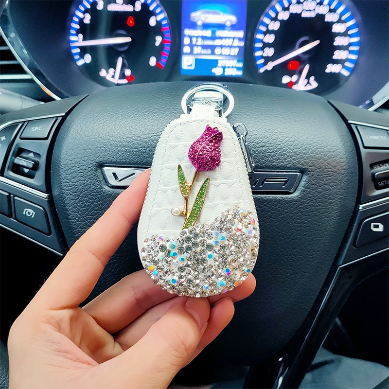 1 Pcs Flower Car Key Holder Storage Case Crystal Diamond Keychains Key Cover Remote Key Bag for BMW Lada Interior Accessories