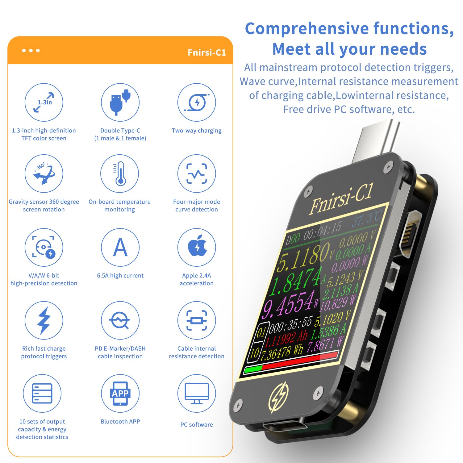 FNIRSI-C1 Type-C PD Trigger USB-C Voltmeter Ammeter Fast Charging Protocol Test Type-C Meter Power Bank Tester With PC Software