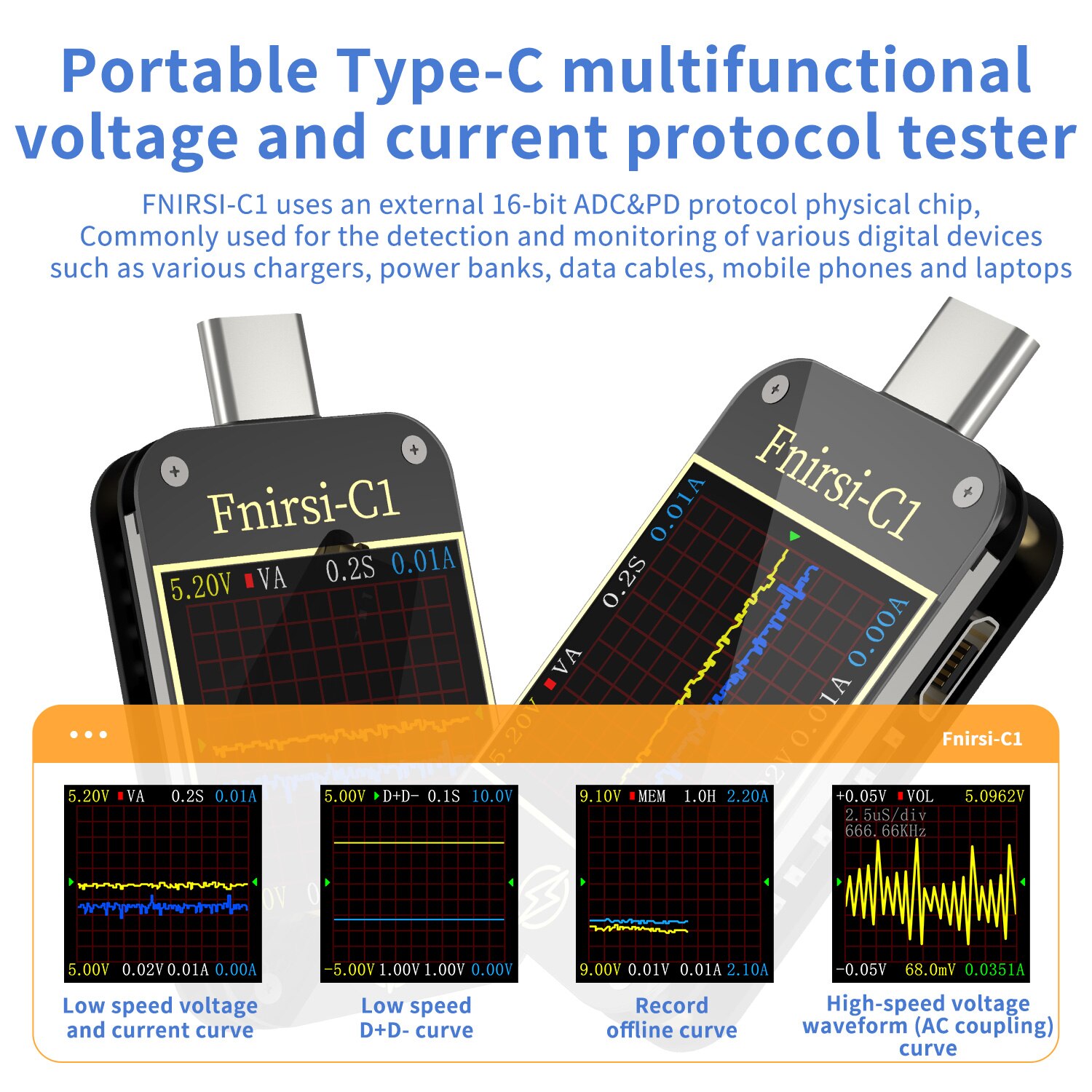 FNIRSI-C1 Type-C PD Trigger USB-C Voltmeter Ammeter Fast Charging Protocol Test Type-C Meter Power Bank Tester With PC Software