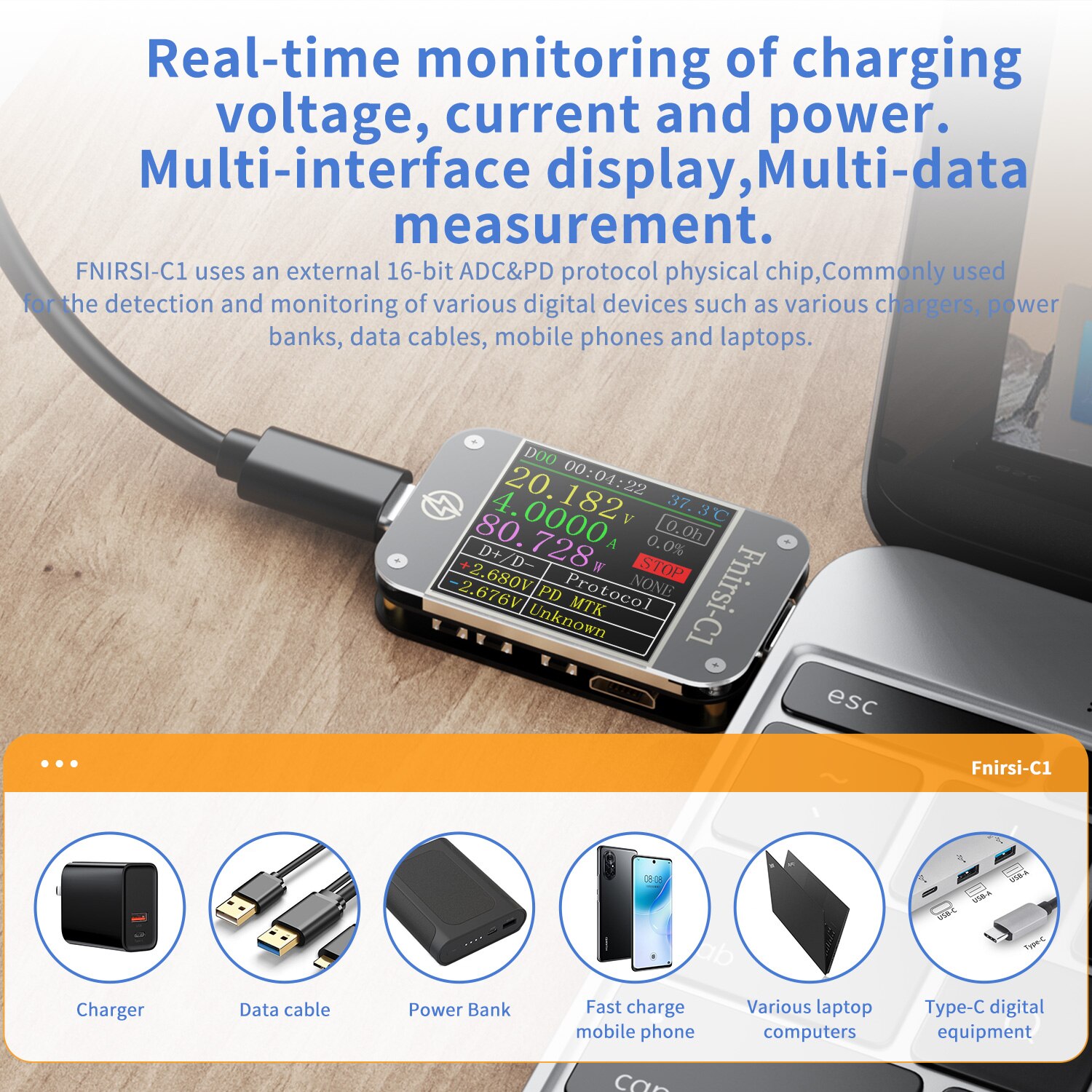 FNIRSI-C1 Type-C PD Trigger USB-C Voltmeter Ammeter Fast Charging Protocol Test Type-C Meter Power Bank Tester With PC Software