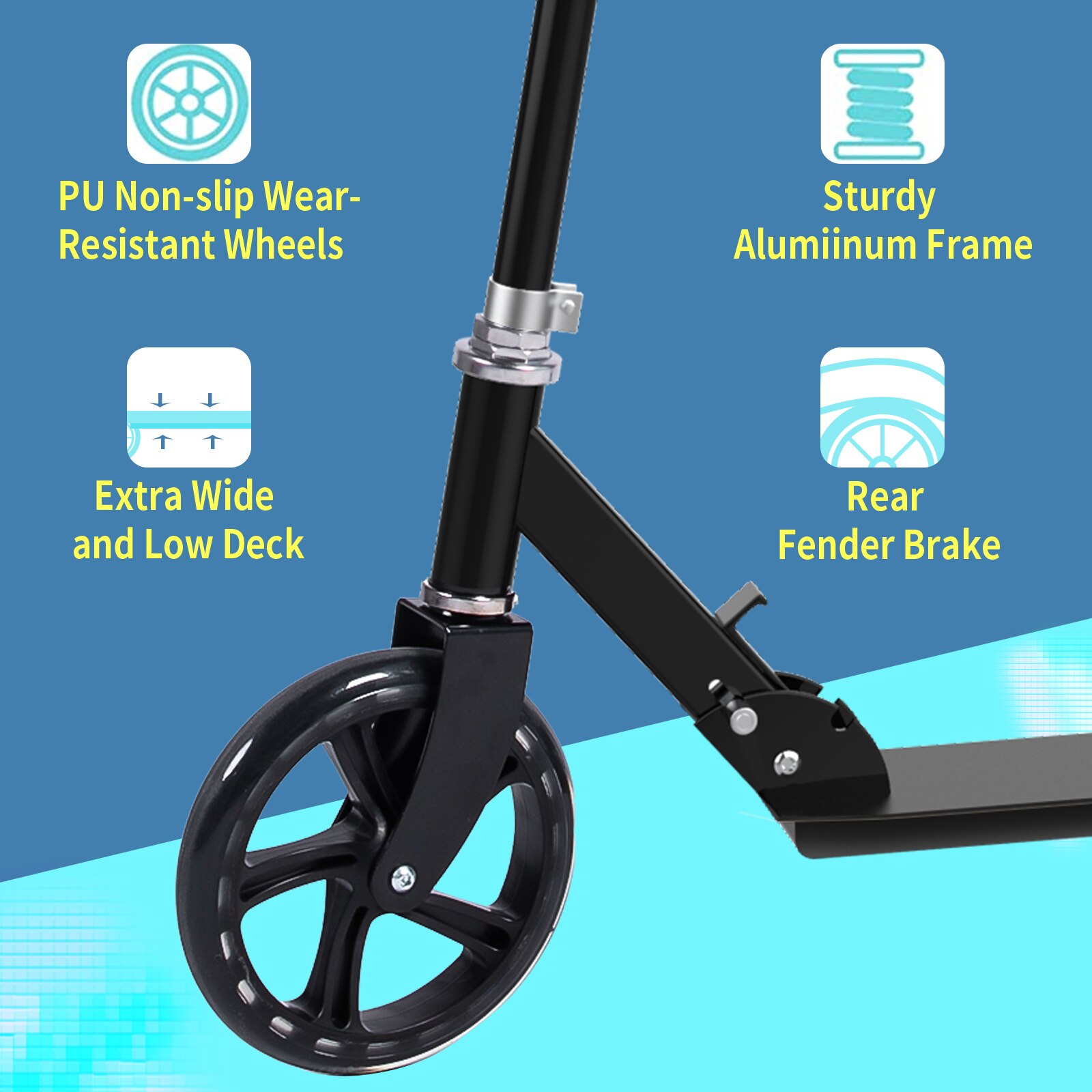 Scooter for Adults and Kids, Foldable Scooter 2 Wheel, Folding Grips Handlebar Adjusts to 3 Heights, 220 Lbs Weight Capacity