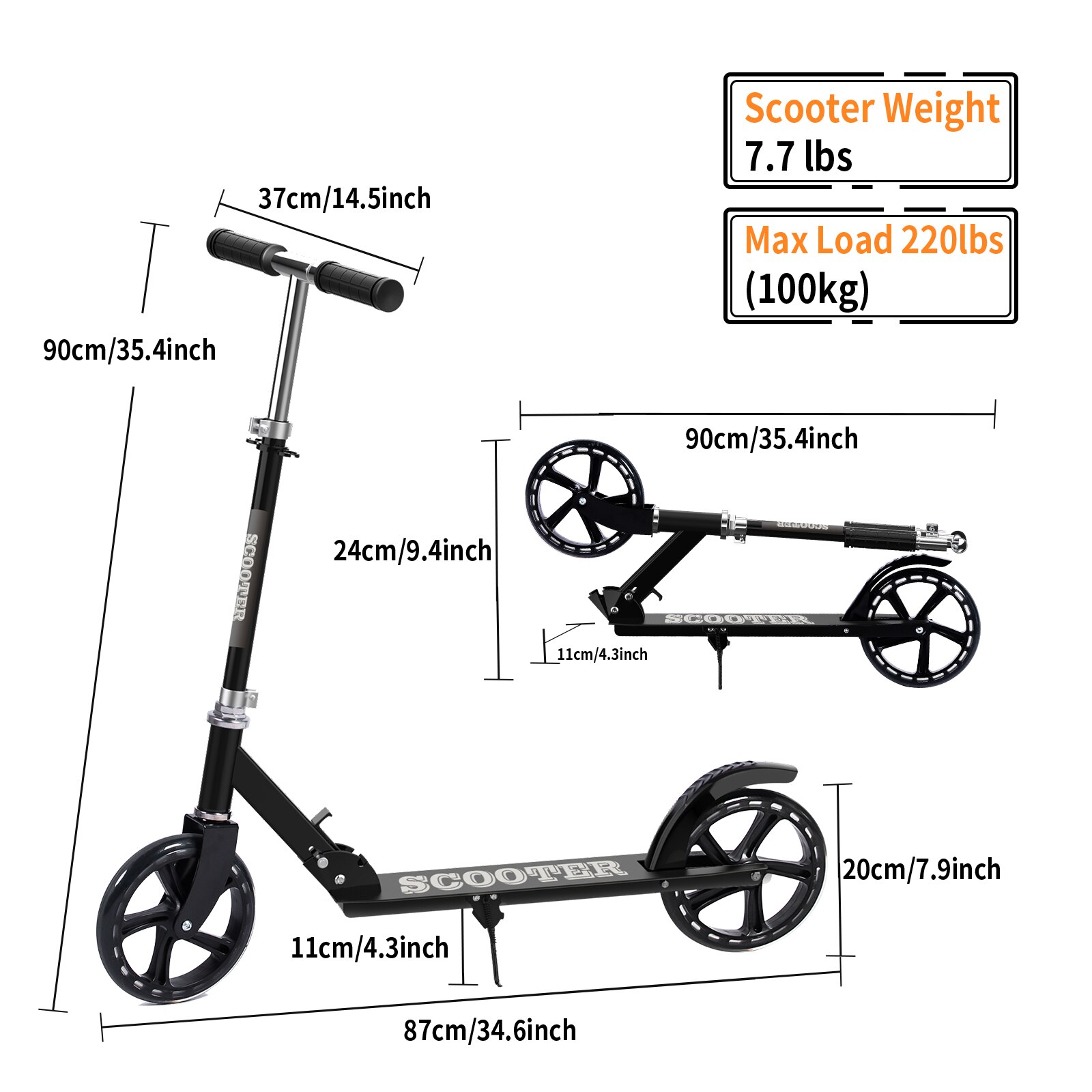 Scooter for Adults and Kids, Foldable Scooter 2 Wheel, Folding Grips Handlebar Adjusts to 3 Heights, 220 Lbs Weight Capacity