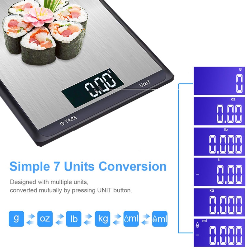 5kg Kitchen Scale Multi-Function Electronic Scales Weighing Scale Food Diet Balance Measuring Tool  Stainless Steel 7 Units
