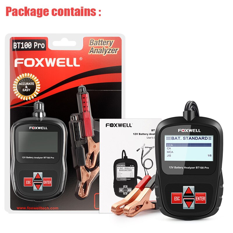 FOXWELL BT100 12V Car Battery Tester for Flooded/AGM/GEL