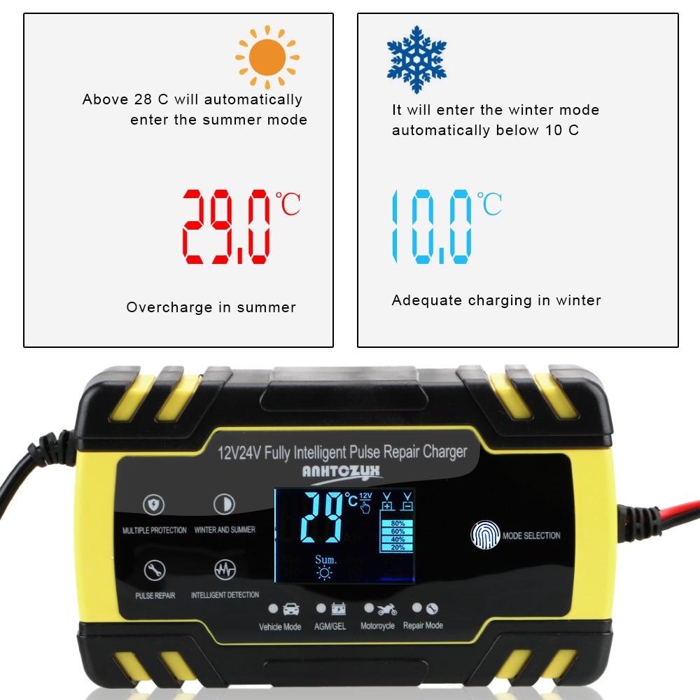 Full Automatic Car Battery Charger Pulse Repair 12V-24V 8A Digital LCD Display Wet Dry Lead Acid Battery-chargers Power Charging