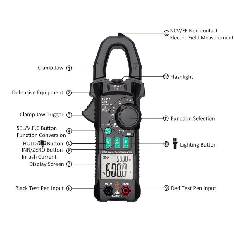 FY219 AC DC Current Digital Clamp Meters High Precision Multimeter True RMS Auto Range VFC Capacitance NVC Universal