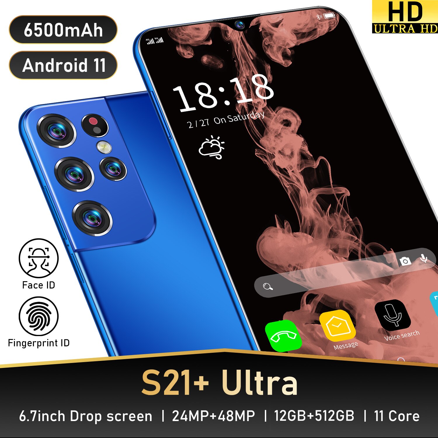 Global Version S21+ Ultra 6.7 Inch Smartphone Android 11 6500mAh 12+512GB Full Screen Support Face ID 4G 5G Network Mobilephone