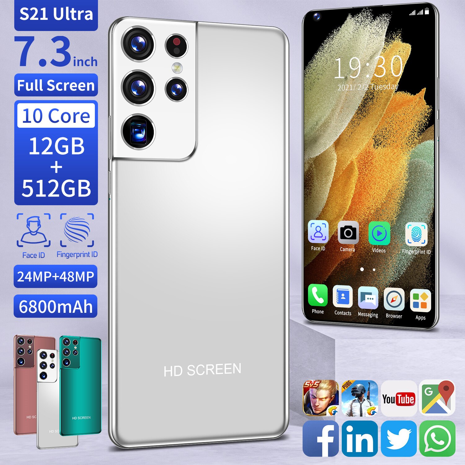 Global Version S21 Ultra 7.3 Inch SmartPhone 10 Core 6800mAh 12+512GB HD Full Screen Support Face ID 4G 5G Android Mobile Phone