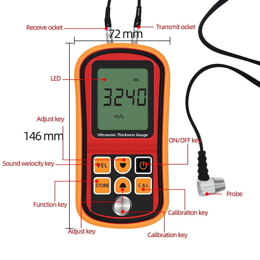 GM100 Digital LCD display Ultrasonic Thickness Gauge Metal glass ceramics1.2-225mm Sound Velocity Meter 0.1mm Resolution