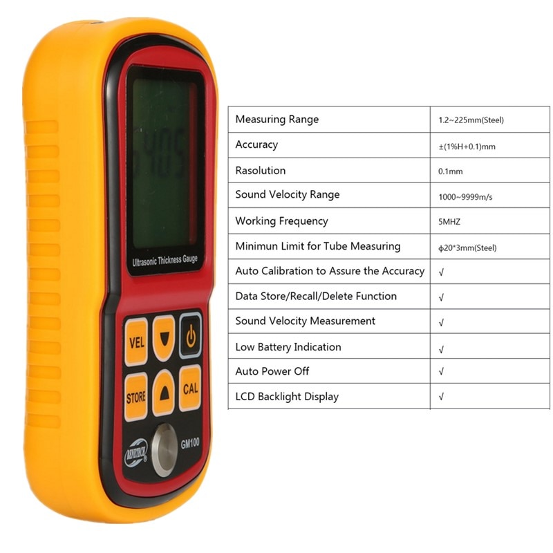 GM100 Digital LCD display Ultrasonic Thickness Gauge Metal glass ceramics1.2-225mm Sound Velocity Meter 0.1mm Resolution