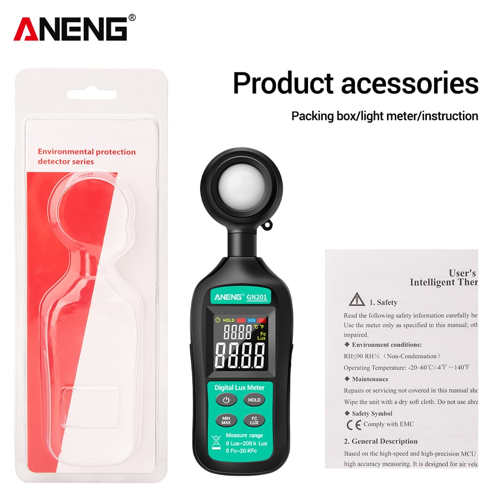 ANENG GN201 Luxmeter Digital Light Meter 200K Lux Meter Photometer UV Meter UV Radiometer Handheld Illuminometer Photometer