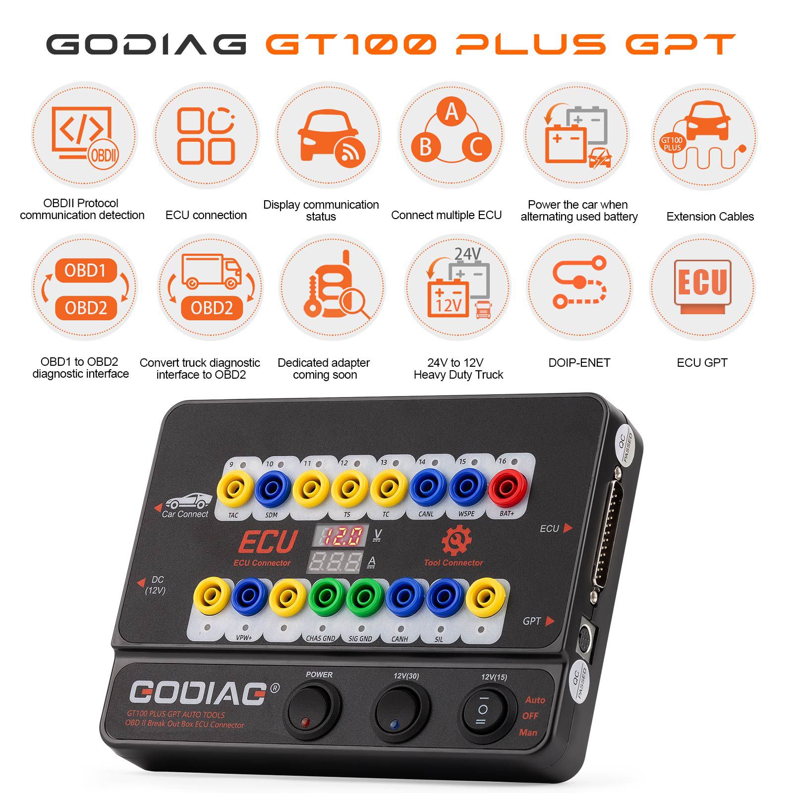 2025 GODIAG GT100 PLUS GPT ENET DOIP 24V-12V AUTO TOOLS OBD II Break Out Box ECU Connector