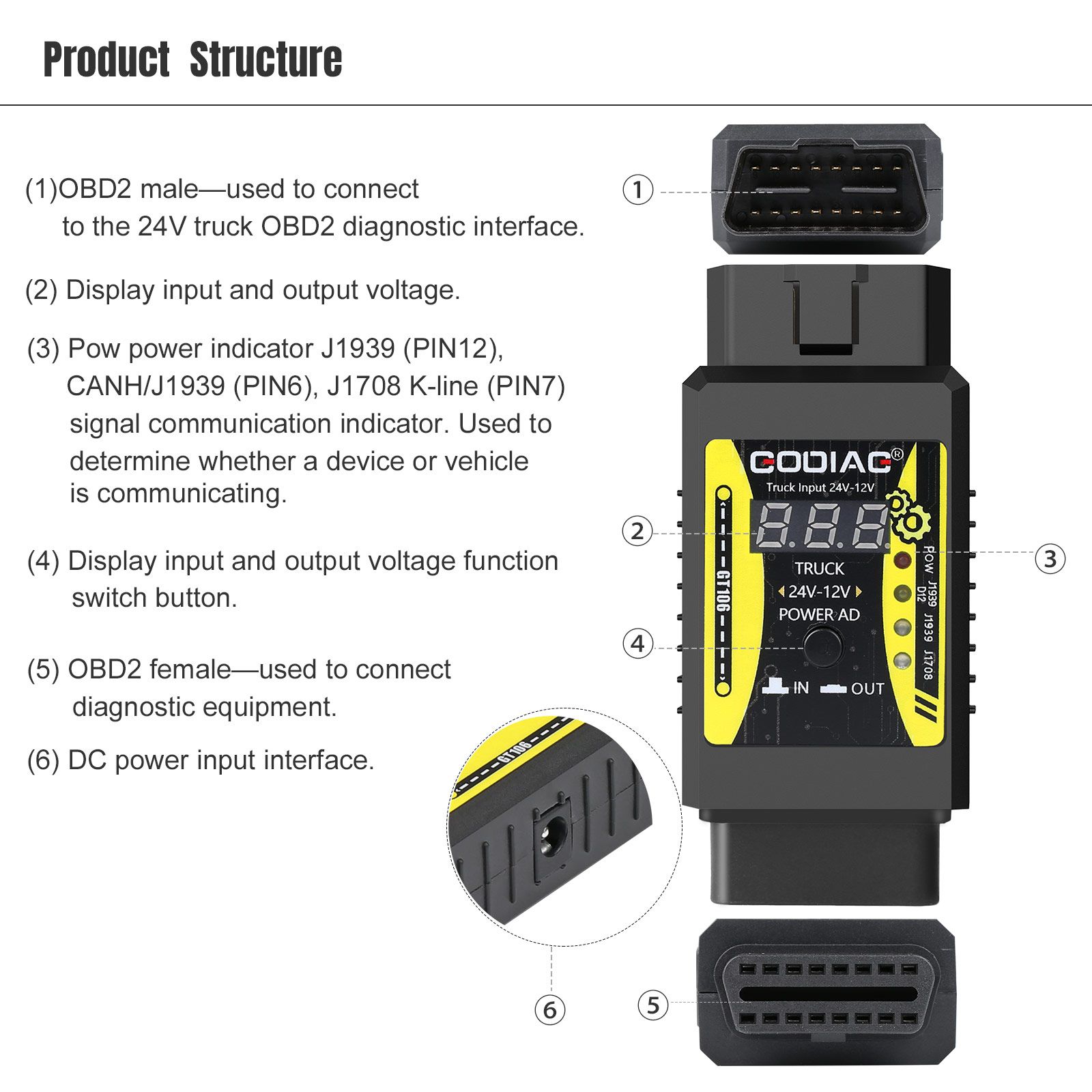 2023 Newest GODIAG GT106 24V to 12V Heavy Duty Truck Adapter for X431 easydiag/ Golo/ M-DIAG/ IDIAG/ ThinkCar/ ICarScan/ Diagun/ GOLO/ DBScar II