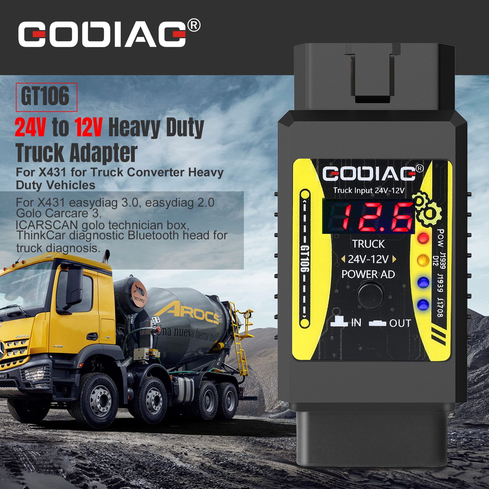 GODIAG GT106 24V to 12V Heavy Duty Truck Adapter for X431 easydiag/ Golo/ M-DIAG/ IDIAG/ ThinkCar/ ICarScan/ Diagun/ GOLO/ DBScar II