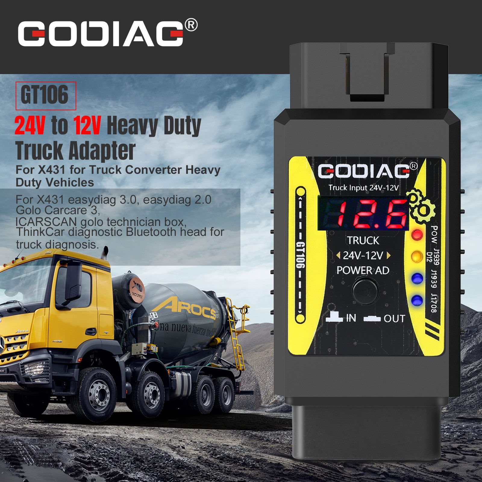 GODIAG GT106 24V to 12V Heavy Duty Truck Adapter for X431 Easydiag/ Golo/ M-DIAG/ IDIAG/ ThinkCar/ ICarScan/ Diagun/ GOLO/ DBScar II