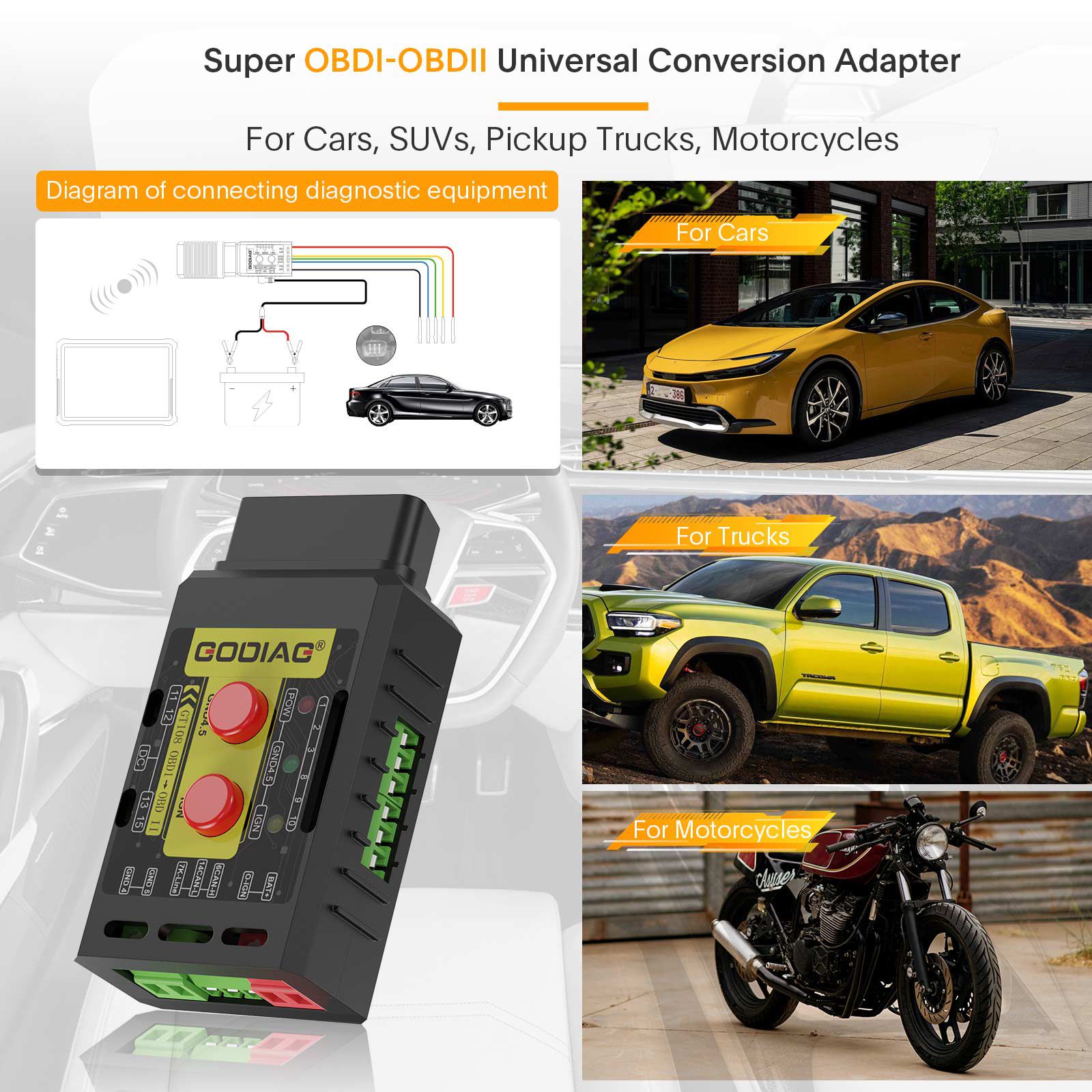 GODIAG GT108 A Configuration Super OBDI-OBDII Universal Conversion Adapter For Cars, SUVs, Pickup Trucks, Motorcycles